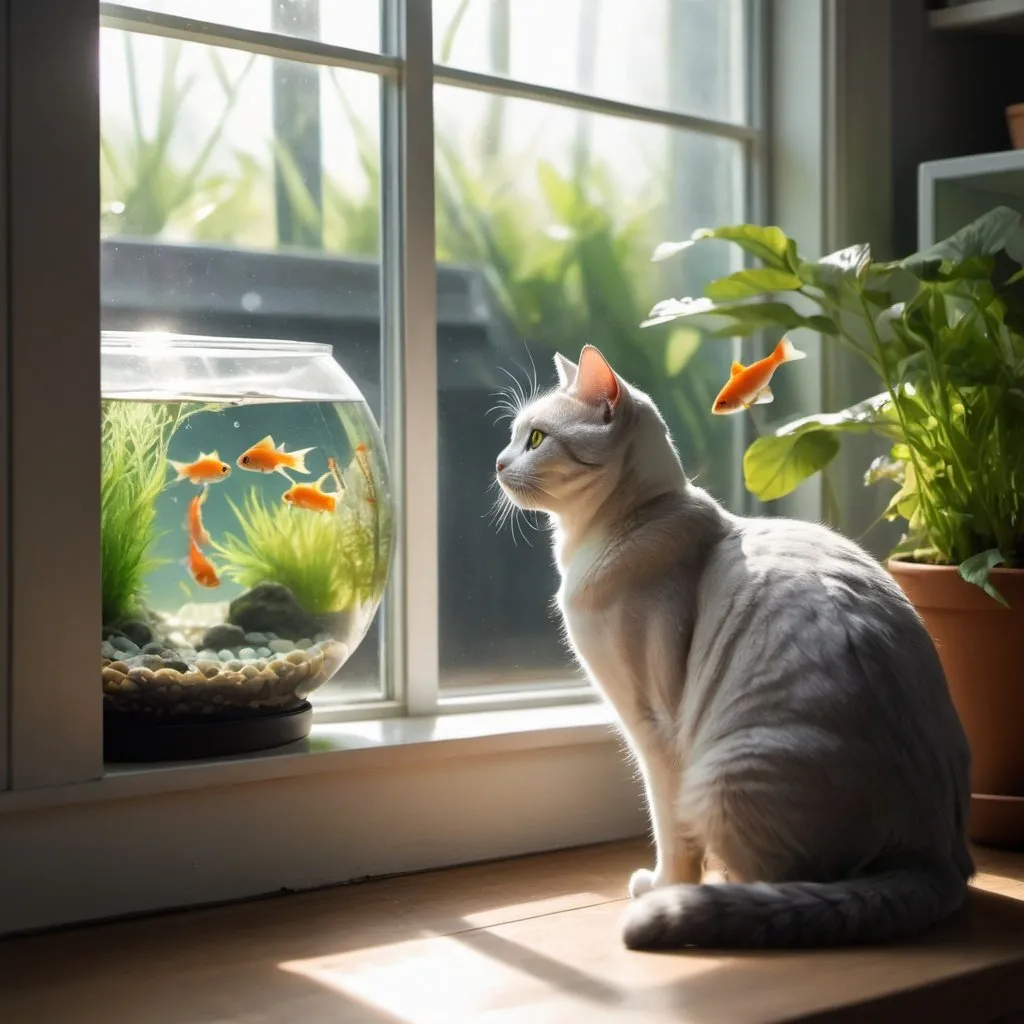 Prompt: A gray cat watching a fish tank. The fish tank has plants in it, and a few small fish. They are in a cottage and the sun is shining in through the window. The cat is swiping near the tank to try and touch the fish. A white cat is next to him. 