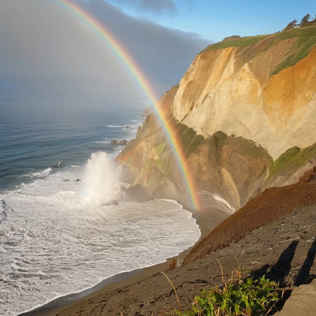 Prompt: California coast with a very small waterfall and one rainbow on the coast with waves on the ocean. There is some driftwood on the beach and cliffs on the coast. Most of the image is cliffs, coast, beach, and ocean. 


