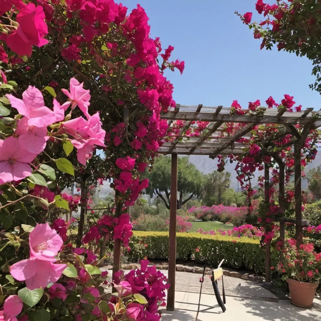 Prompt: Rose garden with some bees and hummingbirds next to a trellis of bougainvillea. 


