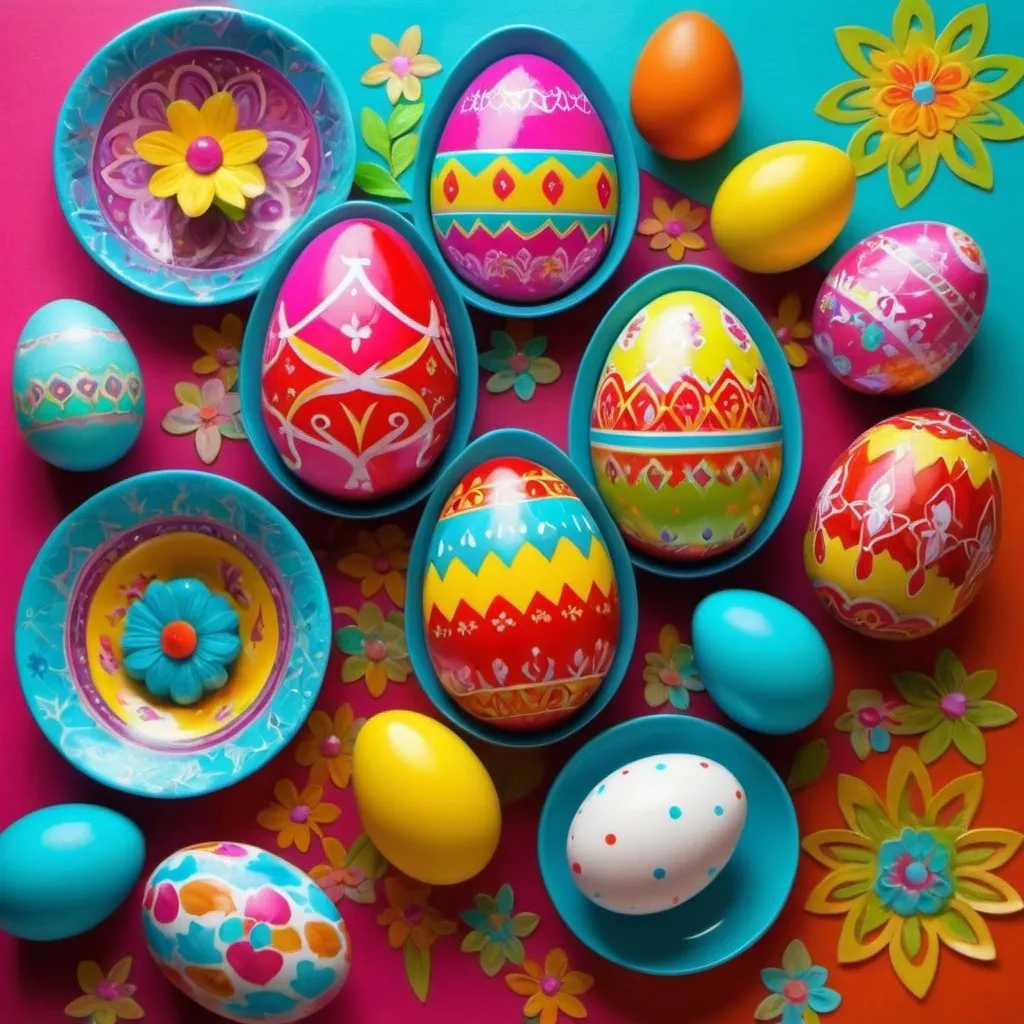 Prompt: Show a picture of holidays: Easter, Pascha, Ramadan, create it in bright colours and postmodernistic style.

