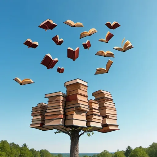 Prompt: flying books over a tree line with light blue sky and a view of the treetops below