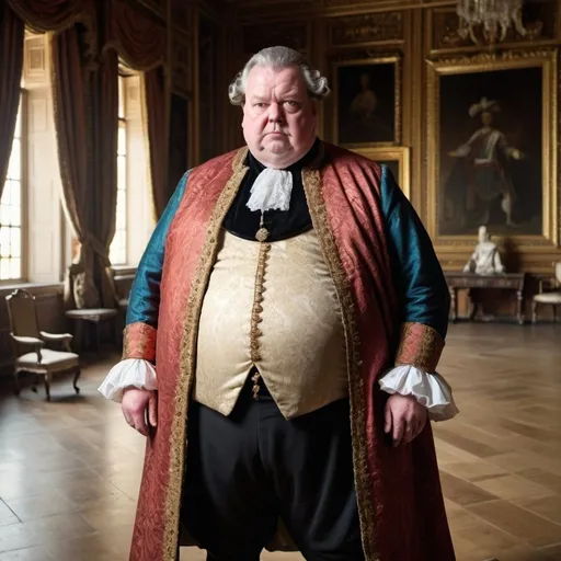 Prompt: Fat Old royal lord from 1600s dressed smartly standing up inside a palace room looking at camera flipping camera off