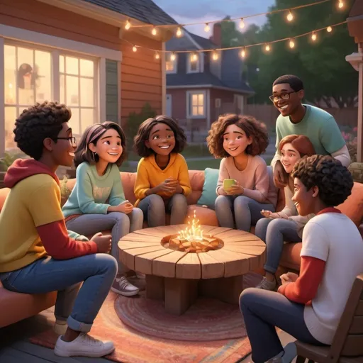 Prompt: An landscape-sized animated Pixar-style scene featuring a group of diverse friends, aged around 15-18, supporting each other in a friendly, encouraging manner. They are gathered in a cozy, informal setting like a living room or outdoor space, with bright, cheerful colors. The friends are exchanging encouraging smiles, giving each other supportive pats on the back, and engaging in a positive, uplifting conversation. The atmosphere is warm and inclusive, with playful details like cozy blankets and cheerful decorations, highlighting the strength of their supportive friendships.