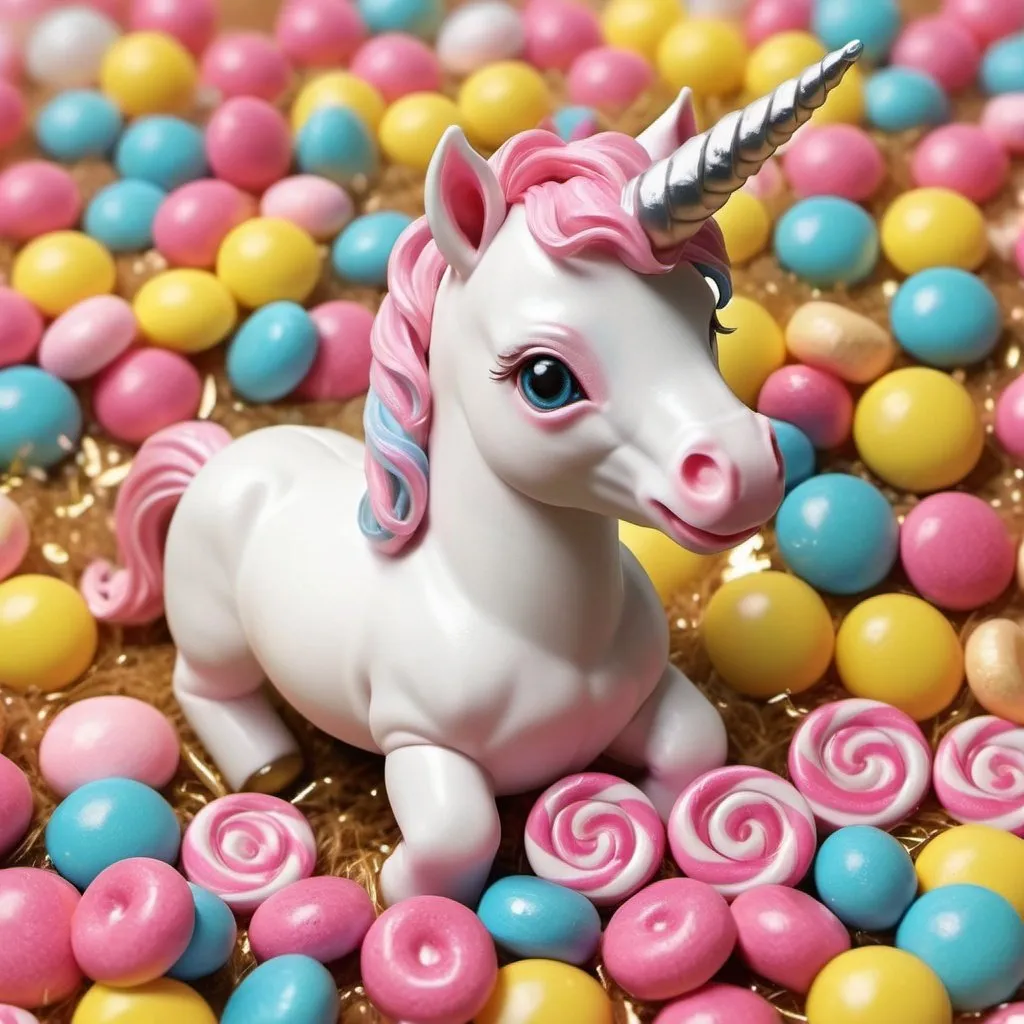 Prompt: photo realistic baby unicorn in a feild of candy
