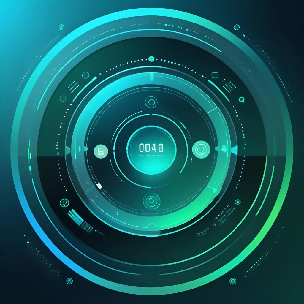 Prompt: A sleek, futuristic interface with holographic elements, digital data streams, and interconnected icons. The background is a gradient of cool blues and greens, giving a high-tech feel. Include space for text in the center.