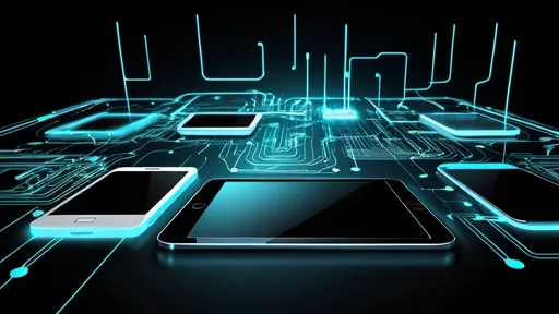 Prompt: An image depicting digital transformation with abstract shapes, circuit board patterns, and glowing lines connecting various tech devices like smartphones, tablets, and computers. Use a dark background with neon accents.
