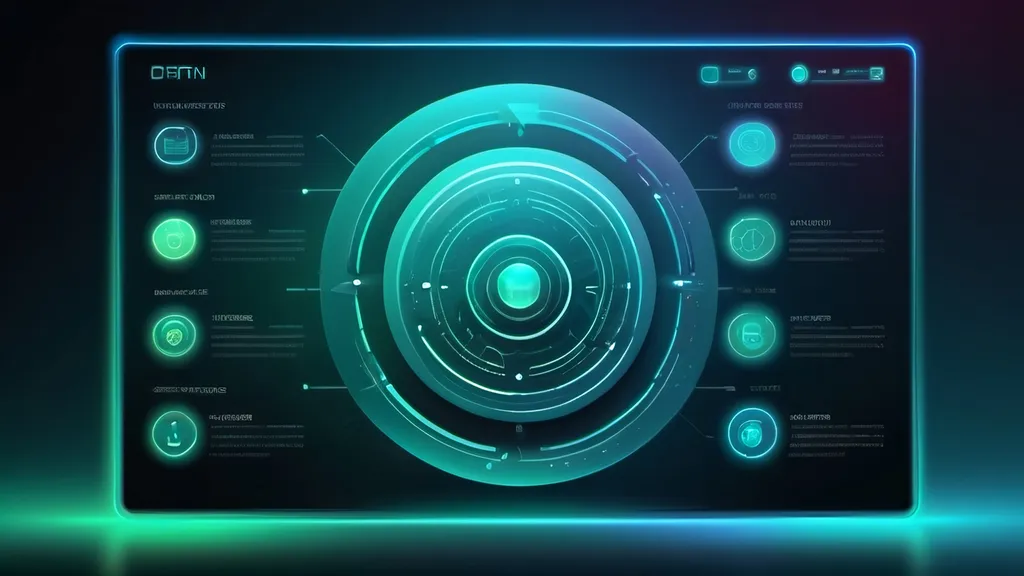 Prompt: A sleek, futuristic interface with holographic elements, digital data streams, and interconnected icons. The background is a gradient of cool blues and greens, giving a high-tech feel. Include space for text in the center.