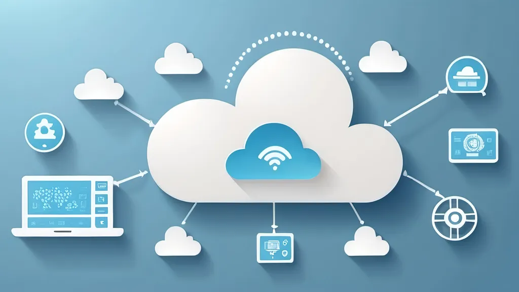 Prompt: A banner showcasing cloud computing with cloud icons, data transfer symbols, and server illustrations. Use a light blue and white color scheme to convey the concept of cloud technology.