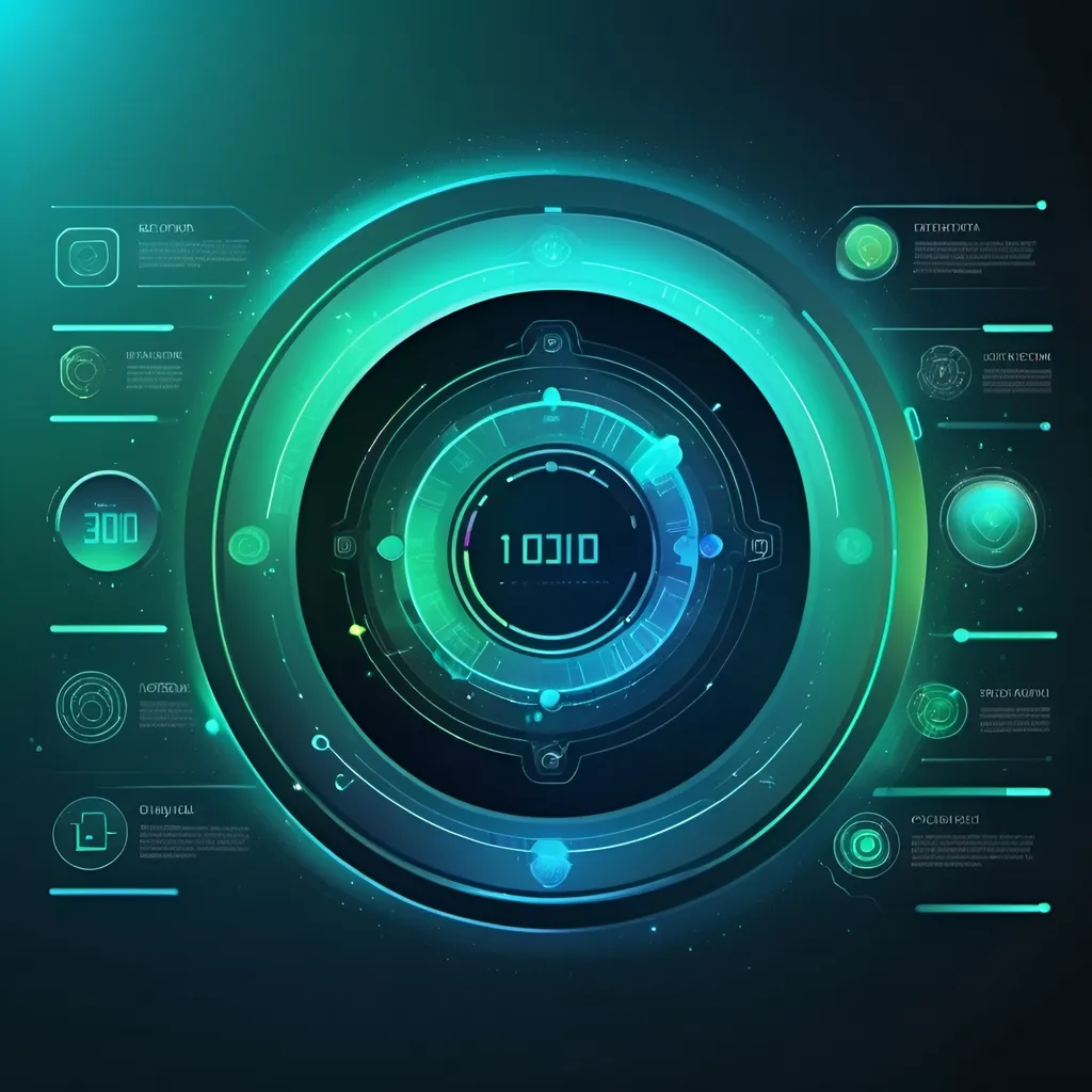 Prompt: A sleek, futuristic interface with holographic elements, digital data streams, and interconnected icons. The background is a gradient of cool blues and greens, giving a high-tech feel. Include space for text in the center.