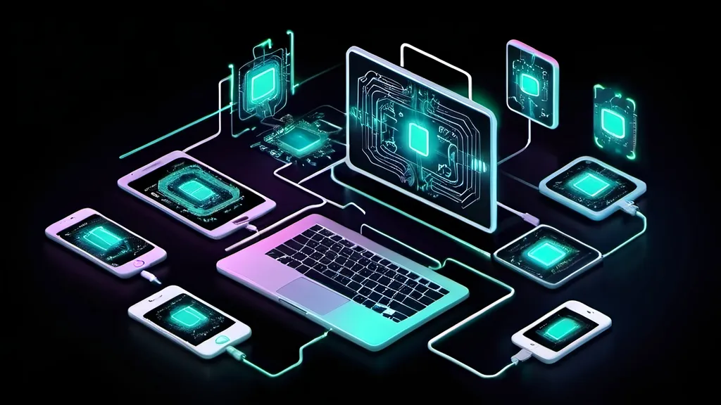 Prompt: An image depicting digital transformation with abstract shapes, circuit board patterns, and glowing lines connecting various tech devices like smartphones, tablets, and computers. Use a dark background with neon accents.