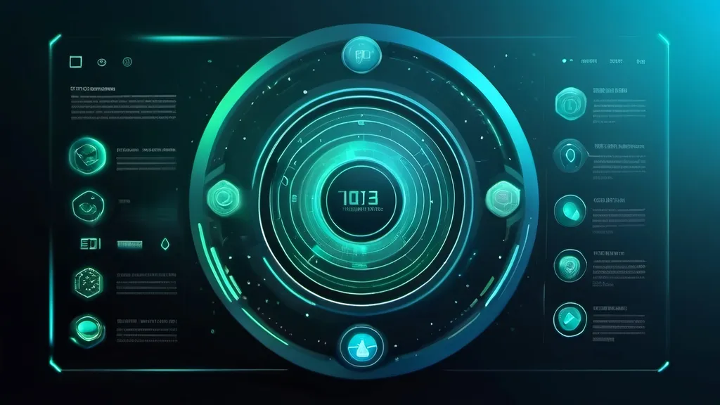 Prompt: A sleek, futuristic interface with holographic elements, digital data streams, and interconnected icons. The background is a gradient of cool blues and greens, giving a high-tech feel. Include space for text in the center.