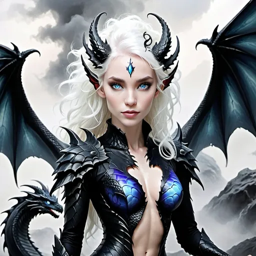 Prompt: Mystical black dragon beauty mid transformation,  white human skin, fantasy, mystical white hair blue eyes