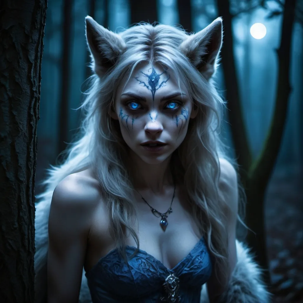 Prompt: Female Lycan in a moonlit forest, dense ancient trees, hauntingly beautiful, piercing blue eyes, mystical atmosphere, eerie night, ultra-detailed, mystical, luscious body, haunting, piercing eyes, atmospheric lighting, Light Color Fur