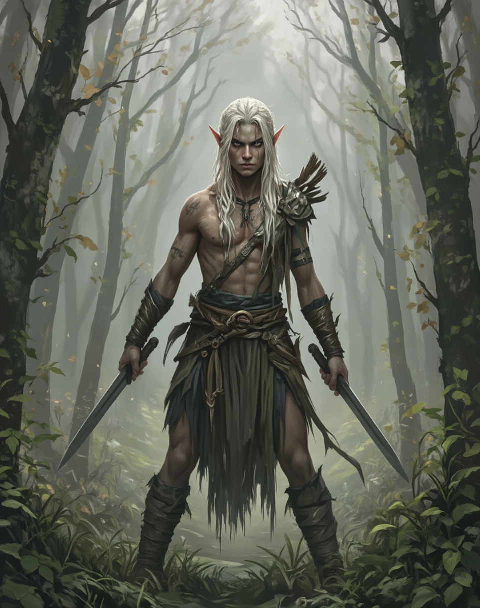 Prompt: full body shot front view of Fantasy art style  [Wood Elf]
- Simple Clan Markings, White hair
- Keen eyes, Daggers, Animal Tongue
 face to viewer, background is a suitable beautiful scene