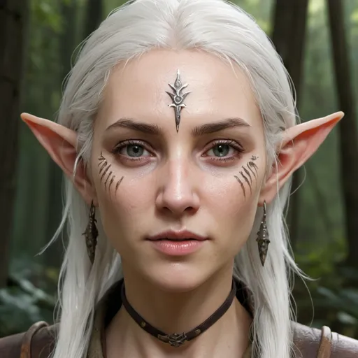 Prompt: hyper-realistic 

Sun'La Woodgotten - [Wood Elf] {deceased}
- Simple Clan Markings, White hair
- Keen eyes, Daggers, Animal Tongue
