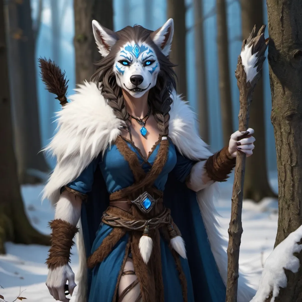 Prompt: Female Worgen Druid in the woods, werewolf form with white fur, blue eyes holding a staff