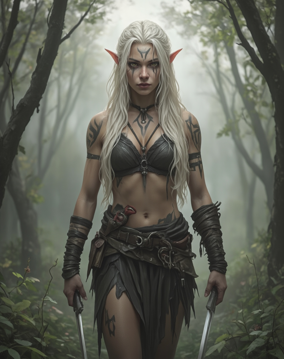 Prompt: full body shot front view of Fantasy art style  [Wood Elf]
- Simple Clan Markings, White hair
- Keen eyes, Daggers, Animal Tongue
 face to viewer, background is a suitable beautiful scene