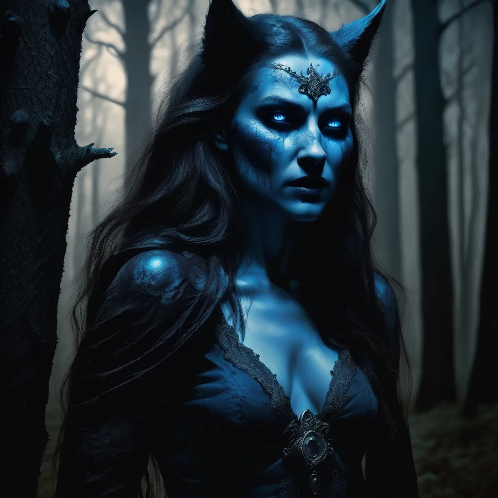 Prompt: Female Lycan in a moonlit forest, dense ancient trees, hauntingly beautiful, piercing blue eyes, mystical atmosphere, eerie night, ultra-detailed, mystical, moonlit, luscious colors, haunting, piercing eyes, atmospheric lighting