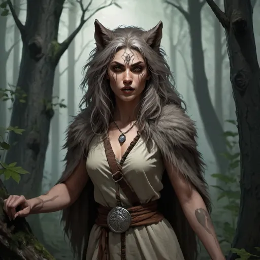 Prompt: Female Werewolf Druid in the woods, in werewolf form 