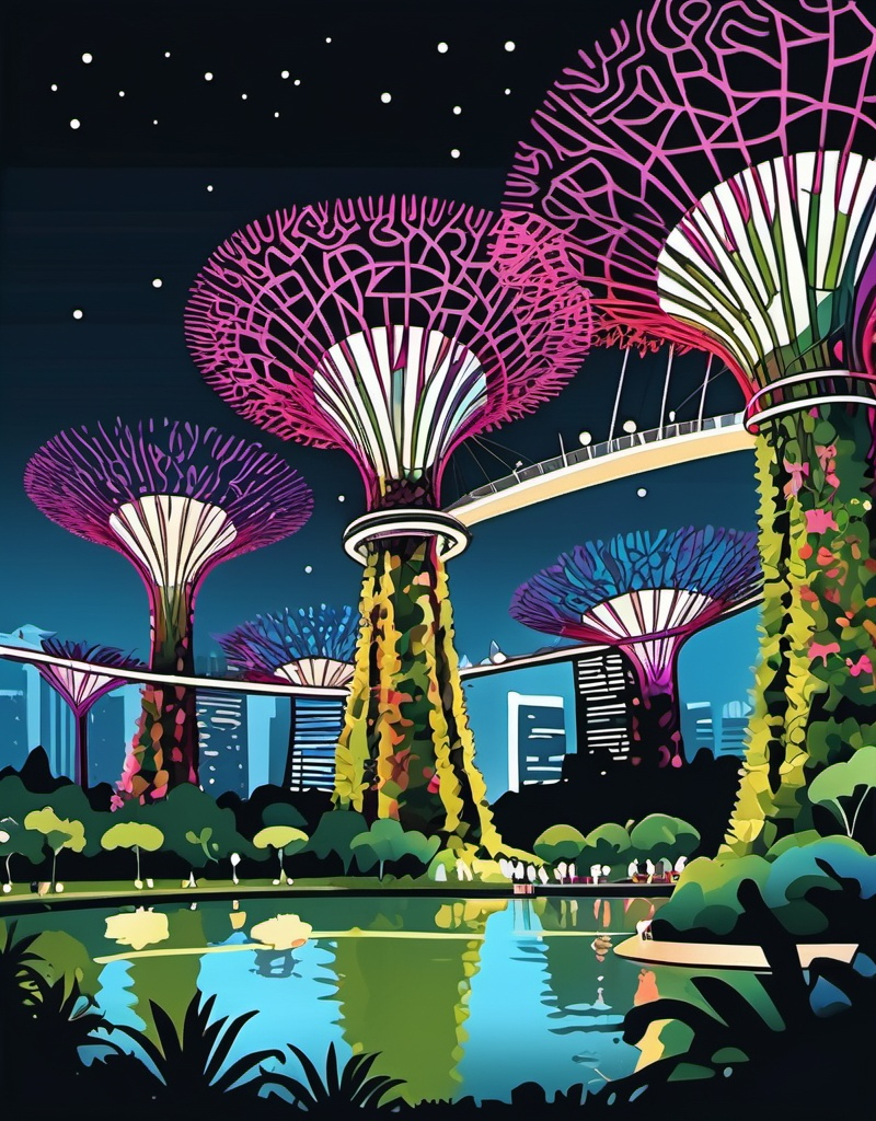 Prompt: Vector art, singapore gardens by the bay, city night landscape