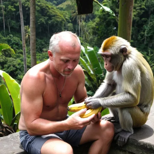 Prompt: tomass in bali eating a bannana with monkey