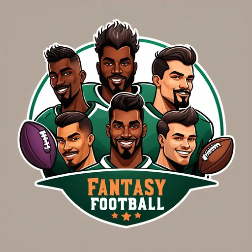 Prompt: A silly logo for a fantasy football team named featuring a lineup of diverse hot guys with footballs