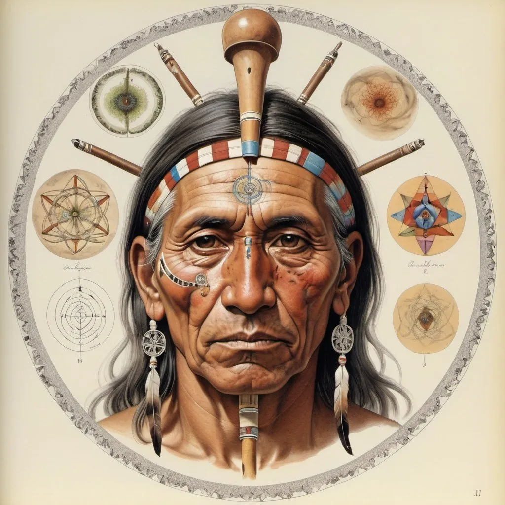 Prompt: an anatomical drawing of ((sacred geometry, native american, sacred pipe, medicine man)), painting by Walton Ford, field guide page style, vintage, naturalist, colour plate, hd, Codex Seraphinianus