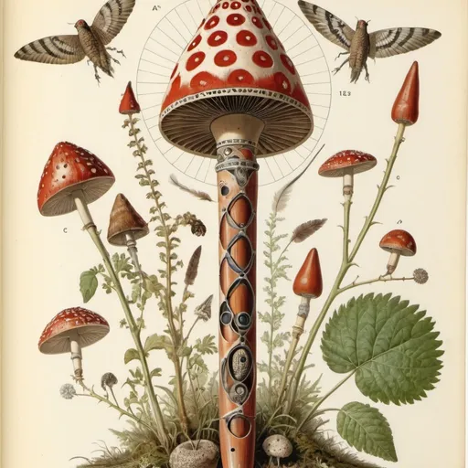 Prompt: an anatomical drawing of ((sacred geometry, fibonacci sequence,  native american, sacred pipe, feathers, plants, fly agaric)), painting by Walton Ford, field guide page style, vintage, naturalist, colour plate, hd, Codex Seraphinianus