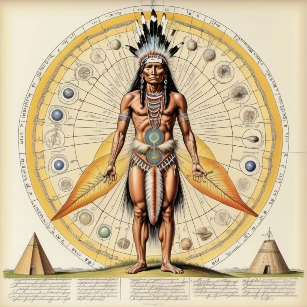 Prompt: an anatomical drawing of ((sacred geometry, native american, half moon alter)), painting by Walton Ford, field guide page style, vintage, naturalist, colour plate, hd, Codex Seraphinianus