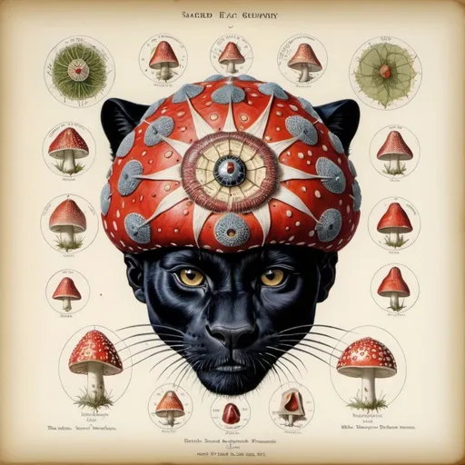 Prompt: an anatomical drawing of ((sacred geometry, fly agaric, black panther face, shaman)), painting by Walton Ford, field guide page style, vintage, naturalist, colour plate, hd, Codex Seraphinianus