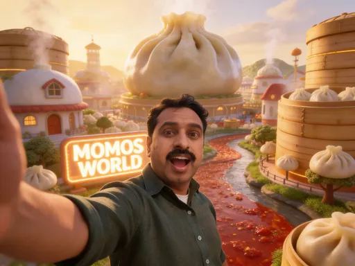 Prompt: @ijWLZIOlZsG0kZGrSlph A cinematic, ultra-realistic selfie-style video of a South Asian man standing inside a fantasy food world called “Momos World.” The environment is filled with giant steaming momos, momo-shaped houses, bamboo steamers stacked like buildings, rivers of spicy red chutney flowing through the city, dumpling trees growing momos, soft golden sunlight, depth of field, 4K realism, handheld vlog camera feeling.
The man looks into the camera excited and says clearly in dialogue:“Guys, main Momos World mein aa gaya hoon!”
A glowing sign behind him reads: MOMOS WORLD.
Highly detailed textures, realistic skin, cinematic lighting, smooth camera motion, Pixar-level world detail but photorealistic humans, trending AI-generated viral aesthetic, Instagram reel style, vertical format 9:16.
