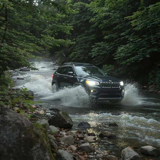 Prompt: Create a cinematic  high quality image that' the car moving through a river in a thick forest make it more realistic and shot taken on 8k generate the pic at