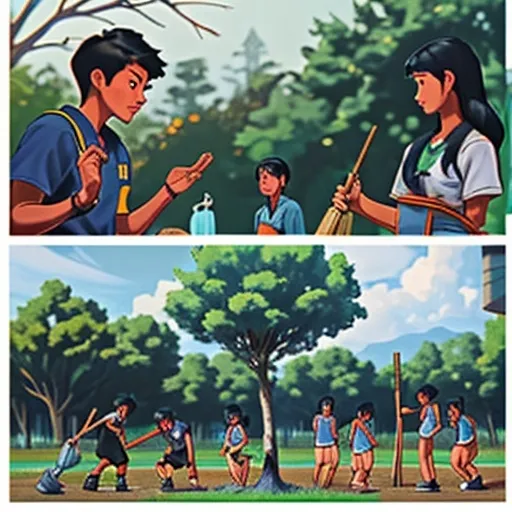 Prompt: A collage image of Filipino Students cleaning, training, tree-planting,doing outreach programs.