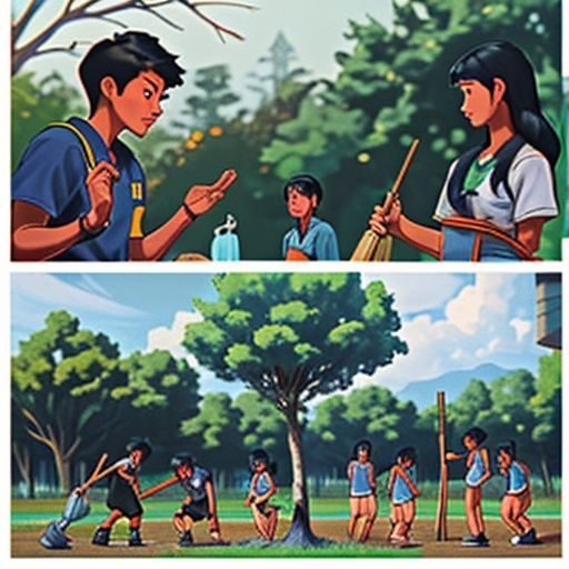 Prompt: A collage image of Filipino Students cleaning, training, tree-planting,doing outreach programs.