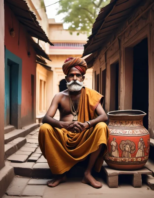 Prompt: a trader in an ancient Indian city in the style of Kalamkari painting



