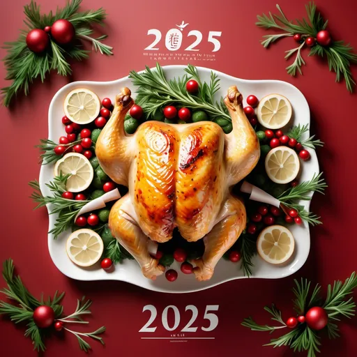 Prompt: “Festive design celebrating the New Year 2025, featuring roasted chicken with herbs, fresh chicken and meat cuts at the bottom. The design includes congratulatory text for the New Year in elegant font, with red and green colors and a decorative white background.”