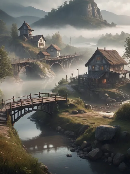 Prompt: small settlement, foggy, bridge and river, dramatic fantasy settlement scene, cinematic lighting