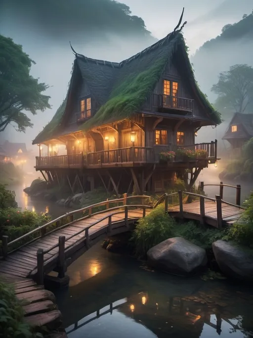 Prompt: small settlement, foggy, bridge and river, dramatic fantasy settlement scene, cinematic lighting