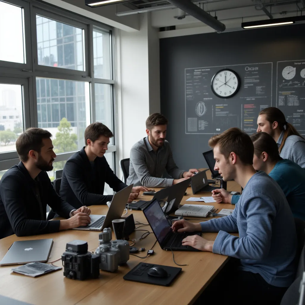 Prompt: Realistic image of a group of software developers discussing a project