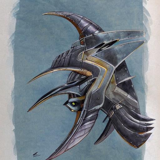 Prompt: concept art by Andrew Probert, centered Romulan Warbird, curved lines, rounded form, 80s, original, birdlike form