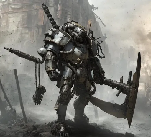 Prompt: dirty, tough, dieselpunk powerarmor, knight, Heavy Gun, Good Proportions, wearing greaves, The armor shows technical parts underneath, cables and pressure parts are sticking out