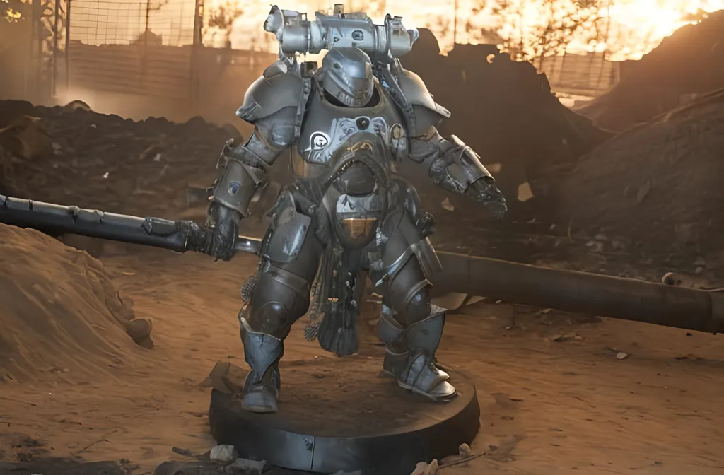 Prompt: dirty, tough, dieselpunk powerarmor, knight, Heavy Gun, Good Proportions, wearing greaves, The armor shows technical parts underneath, advertising photography, Sigmarine