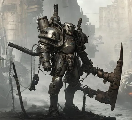 Prompt: dirty, tough, dieselpunk powerarmor, knight, Heavy Gun, Good Proportions, wearing greaves, The armor shows technical parts underneath, cables and pressure parts are sticking out