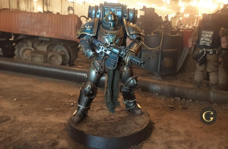 Prompt: dirty, tough, dieselpunk, baroque adornment, powerarmor, knight, Heavy Gun, Good Proportions, wearing greaves, advertising photography, soft light, in the style of warhammer 30k