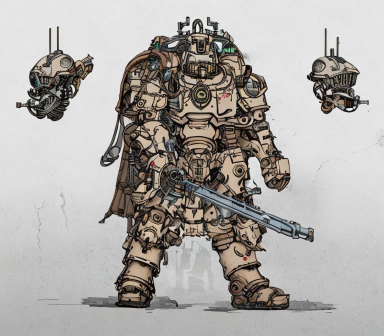 Prompt: dirty, tough, dieselpunk powerarmor, knight, Heavy Gun, Good Proportions, wearing greaves, The armor shows technical parts underneath, cables and pressure parts are sticking out, photography, good lighting, detailed surfaces