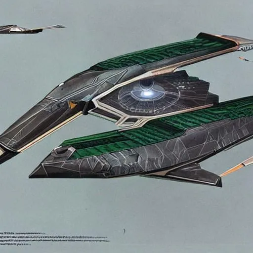 Prompt: centered Romulan Warbird, cueved lines, concept art by Andrew Probert, 80s