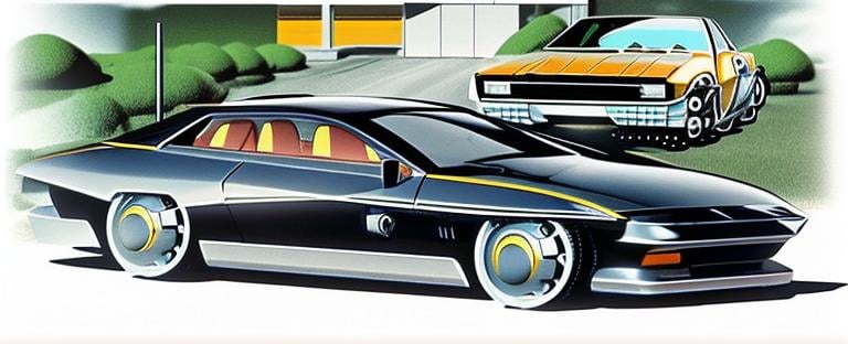 Prompt: A retro scifi concept car in the style of carmageddon and an 80s low budget horror movie and Robocop