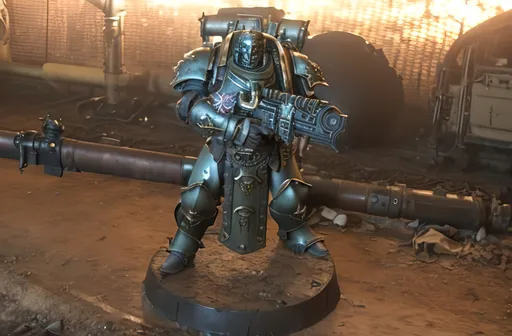 Prompt: dirty, tough, dieselpunk, baroque adornment, powerarmor, knight, Heavy Gun, Good Proportions, wearing greaves, advertising photography, soft light, in the style of warhammer 30k