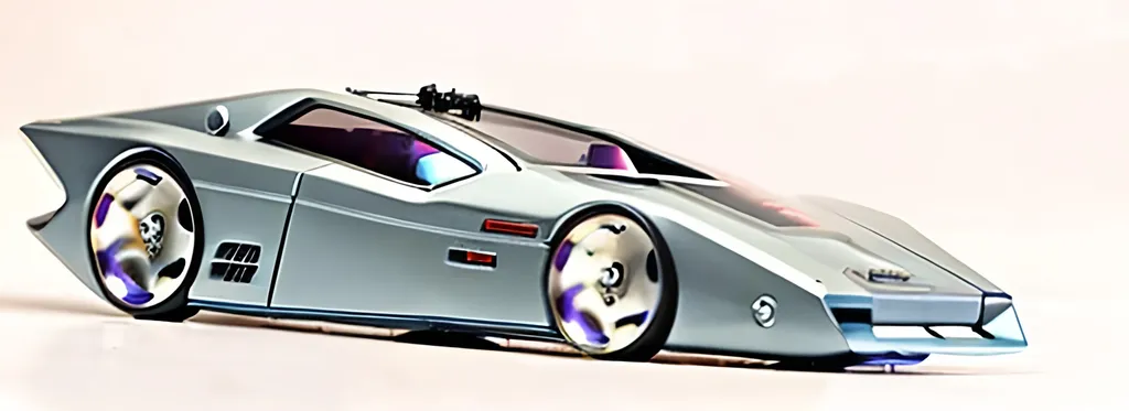 Prompt: A retri scifi concept car in the style of carmageddon and an 80s low budget horror movie