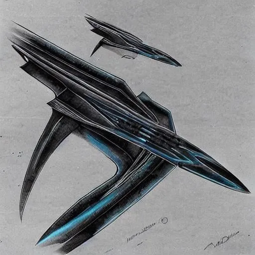 Prompt: centered Romulan Warbird, curved lines, concept art by Andrew Probert, 80s, original, birdlike form